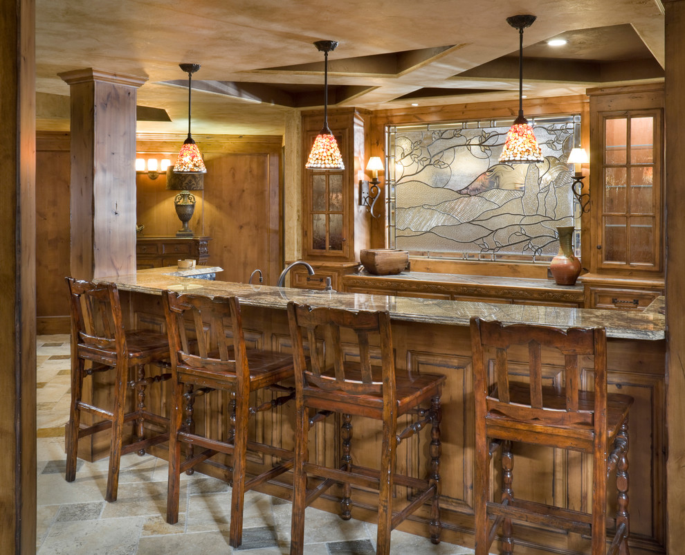 Photo of an expansive modern home bar in Kansas City with ceramic floors.