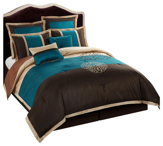 Phoebe 8 Piece Bedding Comforter Set, Teal And Brown Bedding Sets King