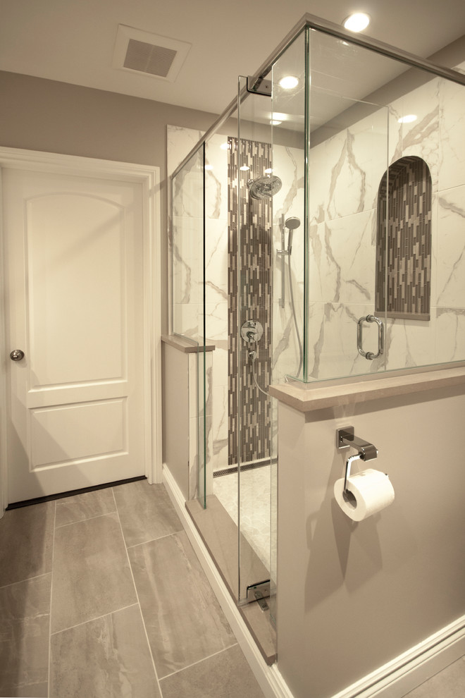 Inspiration for a mid-sized transitional bathroom in Ottawa with shaker cabinets and brown cabinets.