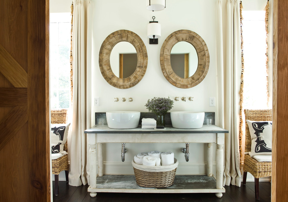 Design ideas for a traditional master bathroom in Atlanta with white walls, dark hardwood floors and a vessel sink.