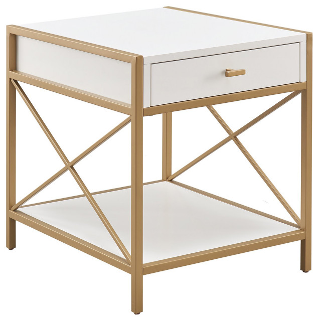 Elegant End Table, XShaped Golden Metal Frame With White Top & Storage
