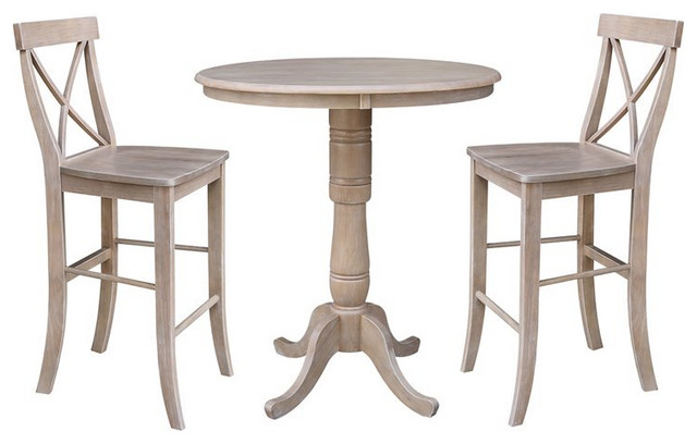 36 Round Pedestal Bar Height Table With Two Stools Weathered Grey Farmhouse Indoor Pub And Bistro Sets By International Concepts Houzz 36 Round Pedestal Bar Height Table, 36 Round Pub Table Set