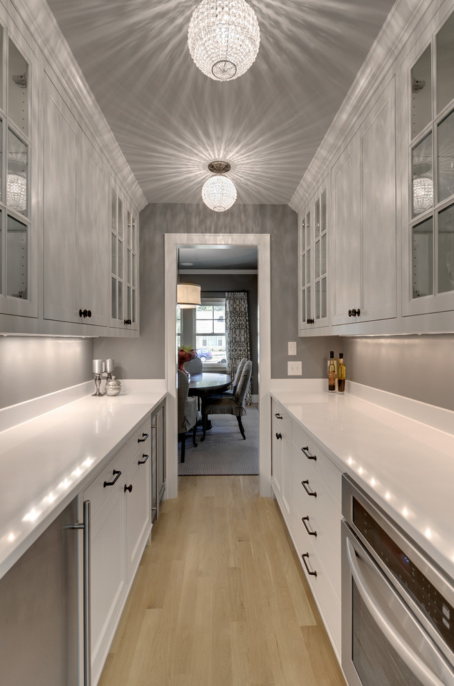 Traditional galley separate kitchen in Minneapolis with glass-front cabinets, white cabinets and stainless steel appliances.