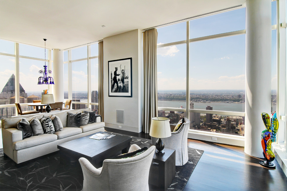 Living room - large contemporary formal and open concept dark wood floor and brown floor living room idea in New York with white walls, no tv and no fireplace
