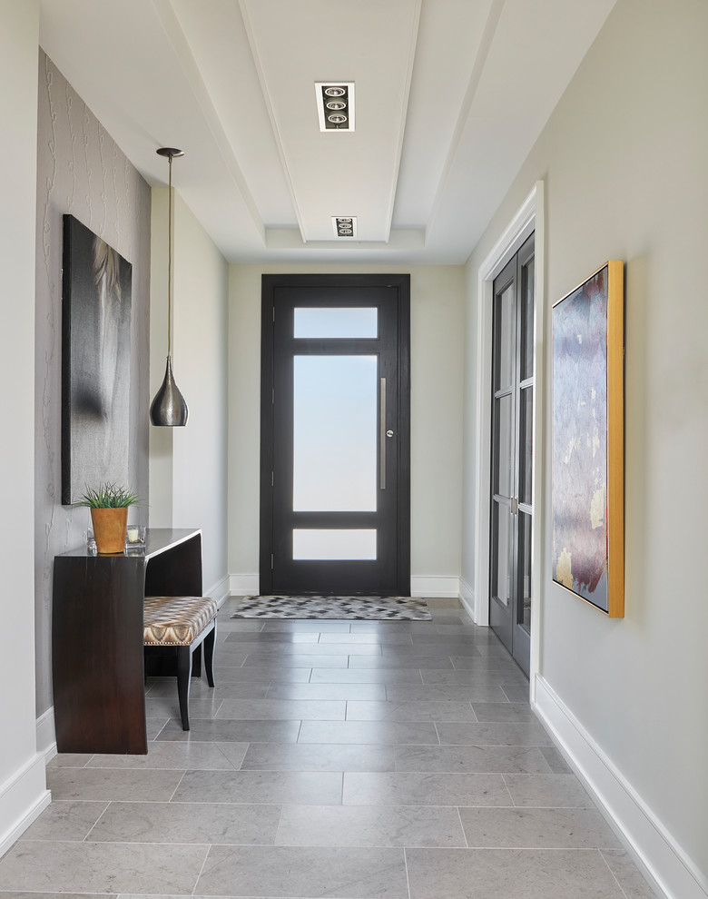 Photo of a mid-sized contemporary foyer in Toronto with grey walls, porcelain floors, a single front door, a dark wood front door and grey floor.