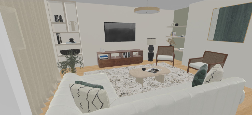 Foto di un soggiorno mediterraneo di medie dimensioni e aperto con pareti beige, parquet chiaro e TV a parete