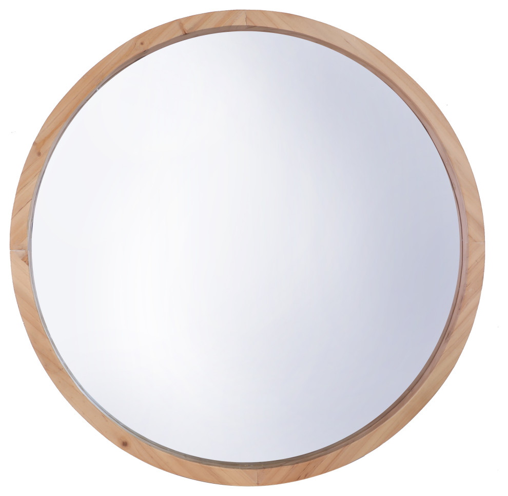 22" Round Wood Wall Mirror, Large Transitional Bathroom Mirrors