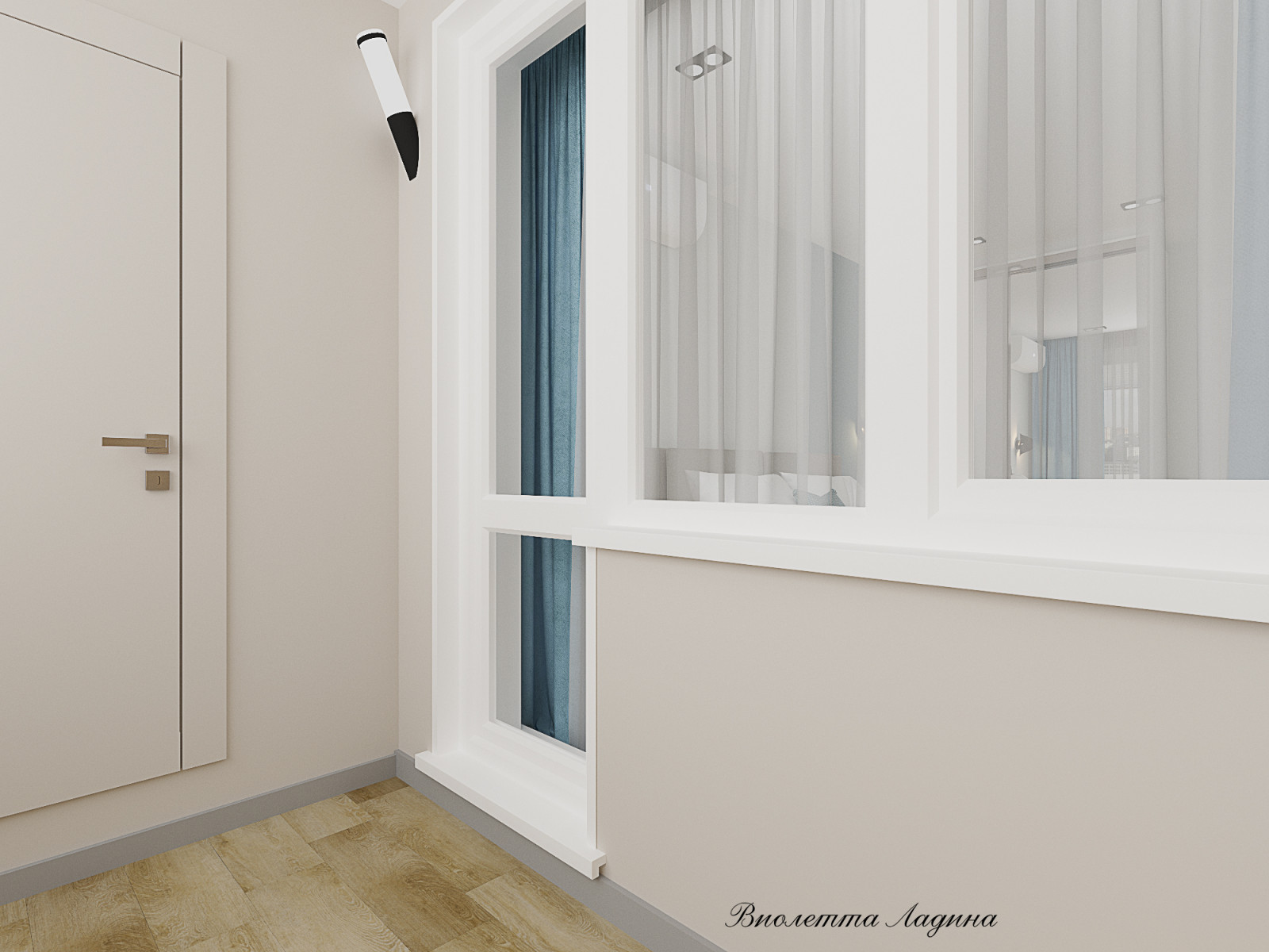 Трешка в панельном доме в современном стиле с голубым акцентом.