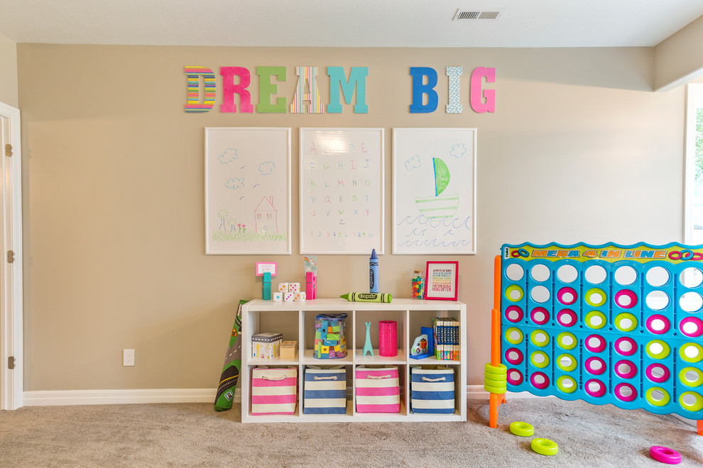Design ideas for a transitional kids' playroom in Salt Lake City with beige walls, carpet and beige floor.