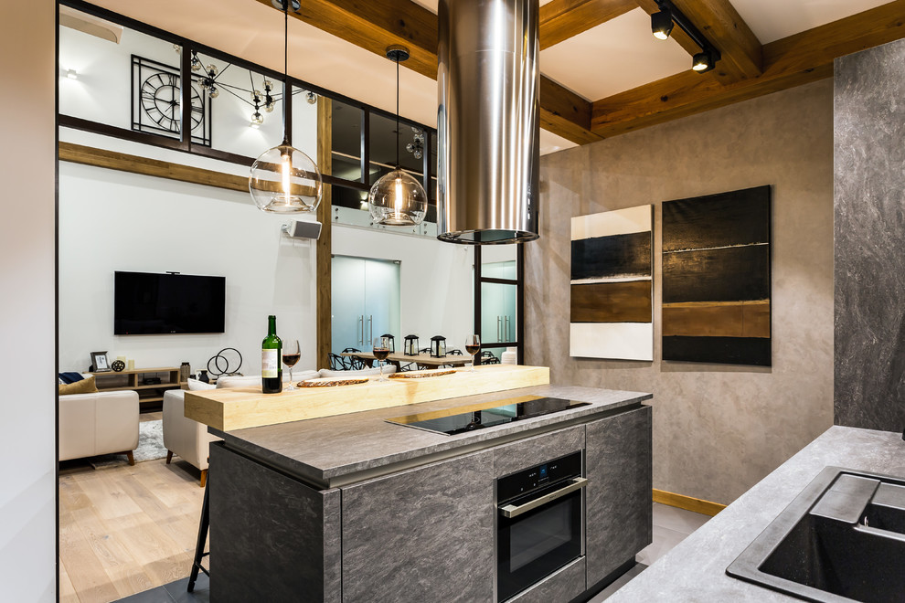 Inspiration for a mid-sized contemporary single-wall eat-in kitchen in Moscow with an integrated sink, flat-panel cabinets, grey cabinets, wood benchtops, beige splashback, timber splashback, white appliances, porcelain floors, with island, grey floor and beige benchtop.