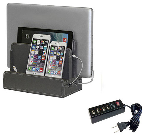 Textured Leatherette Multi Device Charging Station And Dock Multi Device Charging Station And Dock Gray With Usb