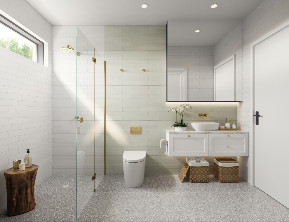 Photo of a mid-sized contemporary master bathroom in Melbourne with shaker cabinets, white cabinets, a double shower, a wall-mount toilet, multi-coloured tile, ceramic tile, multi-coloured walls, terrazzo floors, a drop-in sink, engineered quartz benchtops, grey floor, a hinged shower door and white benchtops.