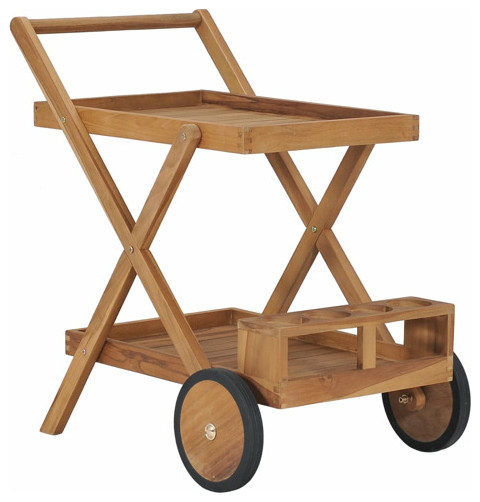 vidaXL Solid Teak Wood Tea Trolley Kitchen Dining Room Serving Beverage Cart