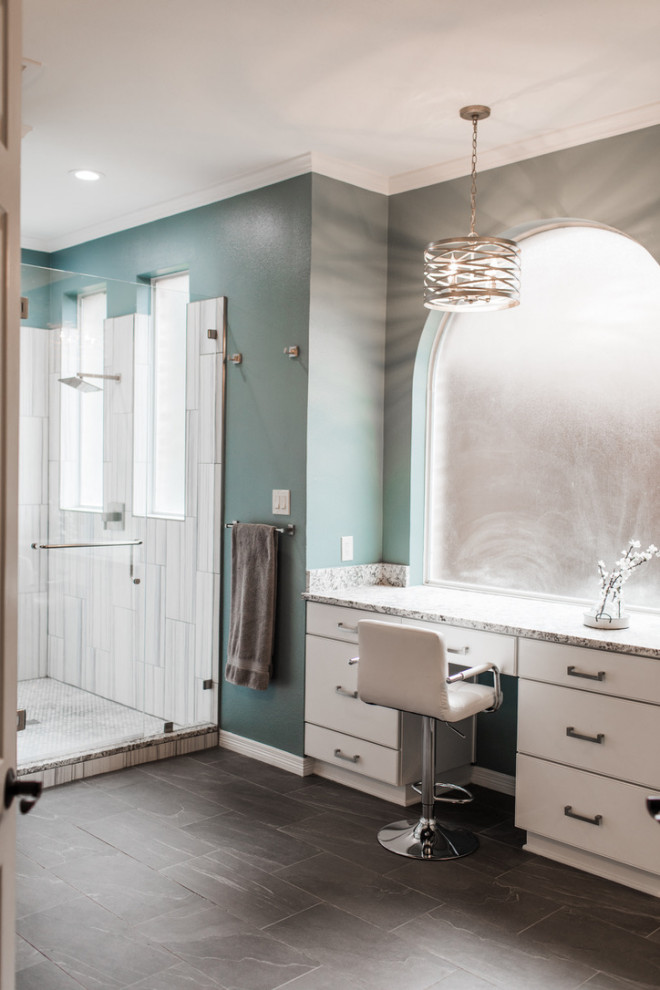 Design ideas for a medium sized classic ensuite bathroom in Dallas with recessed-panel cabinets, white cabinets, white tiles, granite worktops, grey worktops, double sinks and a built in vanity unit.