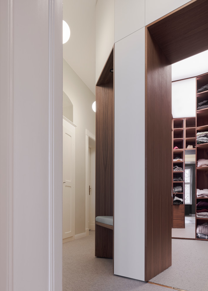 Contemporary walk-in wardrobe in Berlin with flat-panel cabinets, dark wood cabinets and carpet.