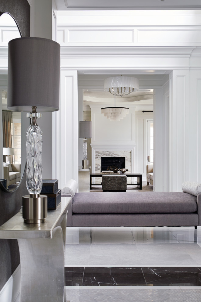 Mid-sized transitional porcelain tile, multicolored floor and wall paneling front door photo in Toronto with white walls