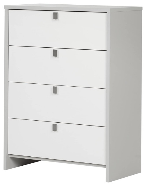 Modern Vertical Dresser, 4 Drawers With Chrome Handles, Soft Grey & Pure White Rustic
