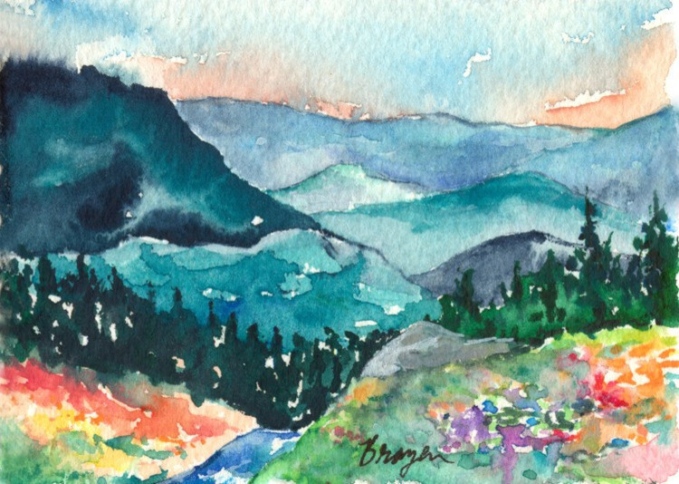 Watercolor Landscape Painting, Valley of Dreams Mountain, Canvas 24"x36