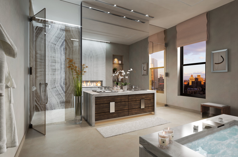 Photo of an expansive contemporary master bathroom in New York with flat-panel cabinets, dark wood cabinets, a hot tub, a curbless shower, beige walls, vinyl floors, a drop-in sink, gray tile, white tile, stone slab, soapstone benchtops, beige floor and a hinged shower door.