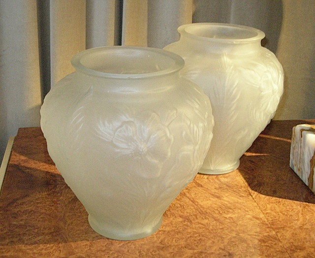 Pair of Tiffin Frosted Satin Glass Vases, Poppy Pattern; Circa: 1930