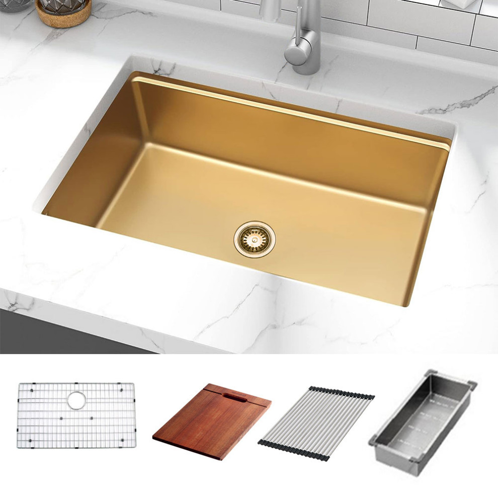 HIGOLD Single Bowl Undermount Kitchen Sink, Nano, PVD Gold, Accessories