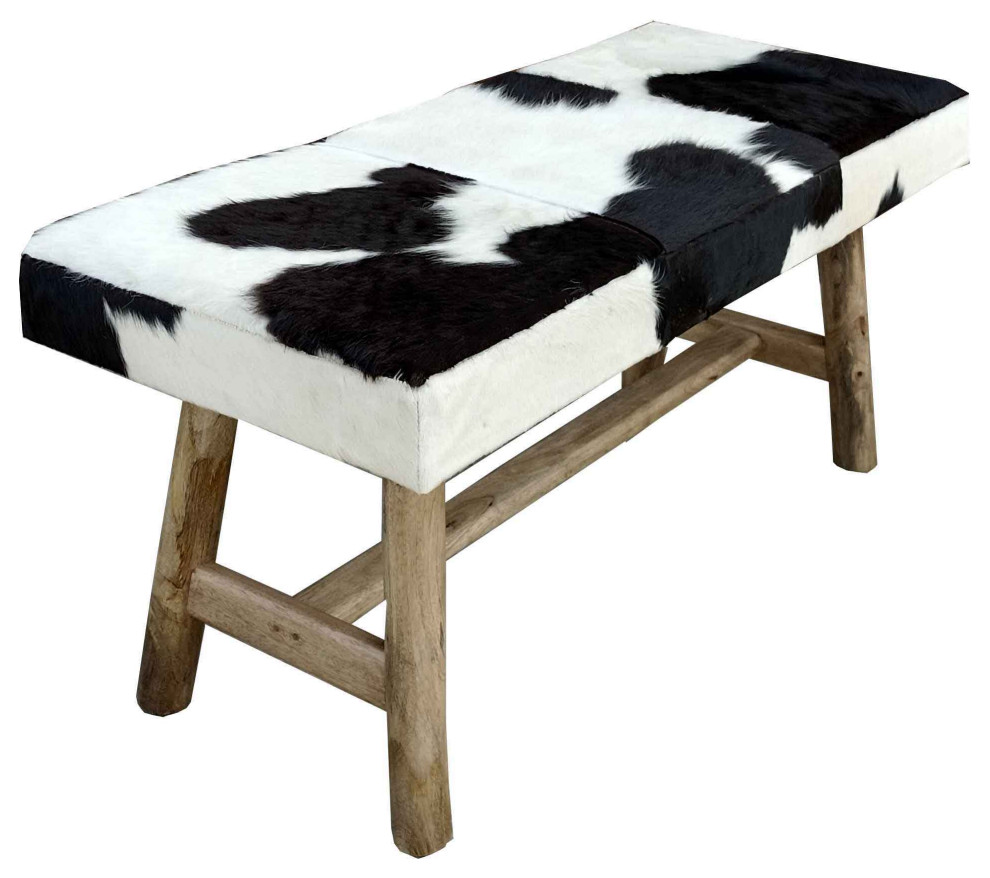 Tauro Black and White Cowhide Bench With Wooden Legs Contemporary