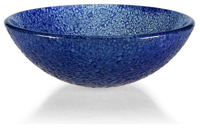 Above-Counter Round Glass Vessel Sink in Transparent Blue Bits
