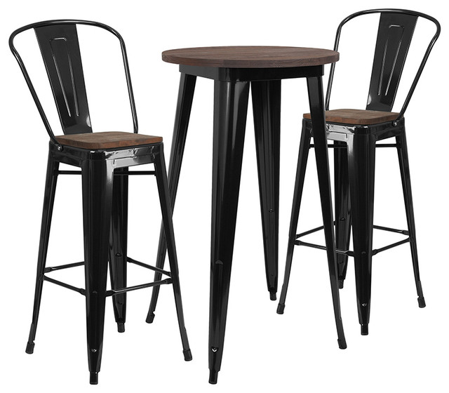 Flash Furniture 24" Round Black Metal Bar Table Set with Wood Top and 2