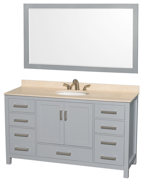 60" Single Vanity, Marble Top, Oval Sink, 58" Mirror Transitional