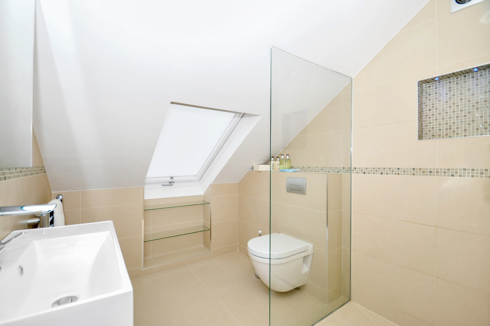 Design ideas for a mid-sized modern 3/4 bathroom in London with a wall-mount sink, flat-panel cabinets, medium wood cabinets, glass benchtops, an open shower, a wall-mount toilet, multi-coloured tile, porcelain tile, white walls and porcelain floors.