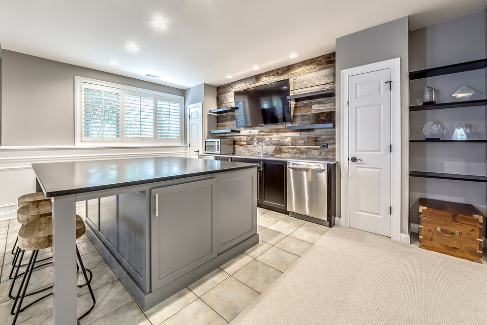 Basement - transitional look-out basement idea in Chicago with gray walls and no fireplace