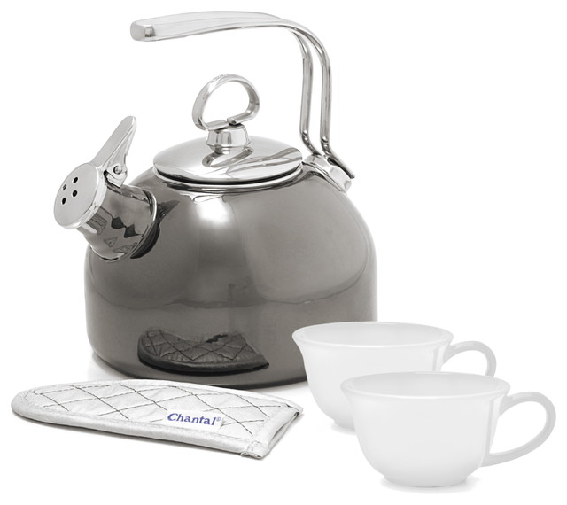 Chantal Onyx EnamelonSteel 1.8 qt Teakettle with 2 White 8 oz Tea