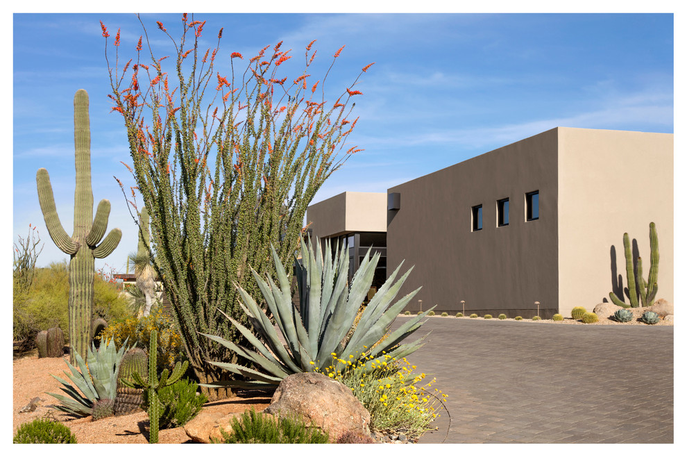 Inspiration for a large modern one-storey stucco brown exterior in Phoenix with a flat roof.