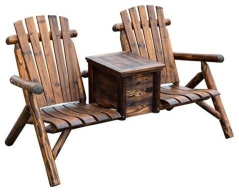 Wooden Outdoor 2 Seat Adirondack Patio Chair With Ice Bucket Rustic Wooden Outdoor 2 Seat Adirondack Patio Chair With Ice Bucket Rustic Brown Chairs By Aosom