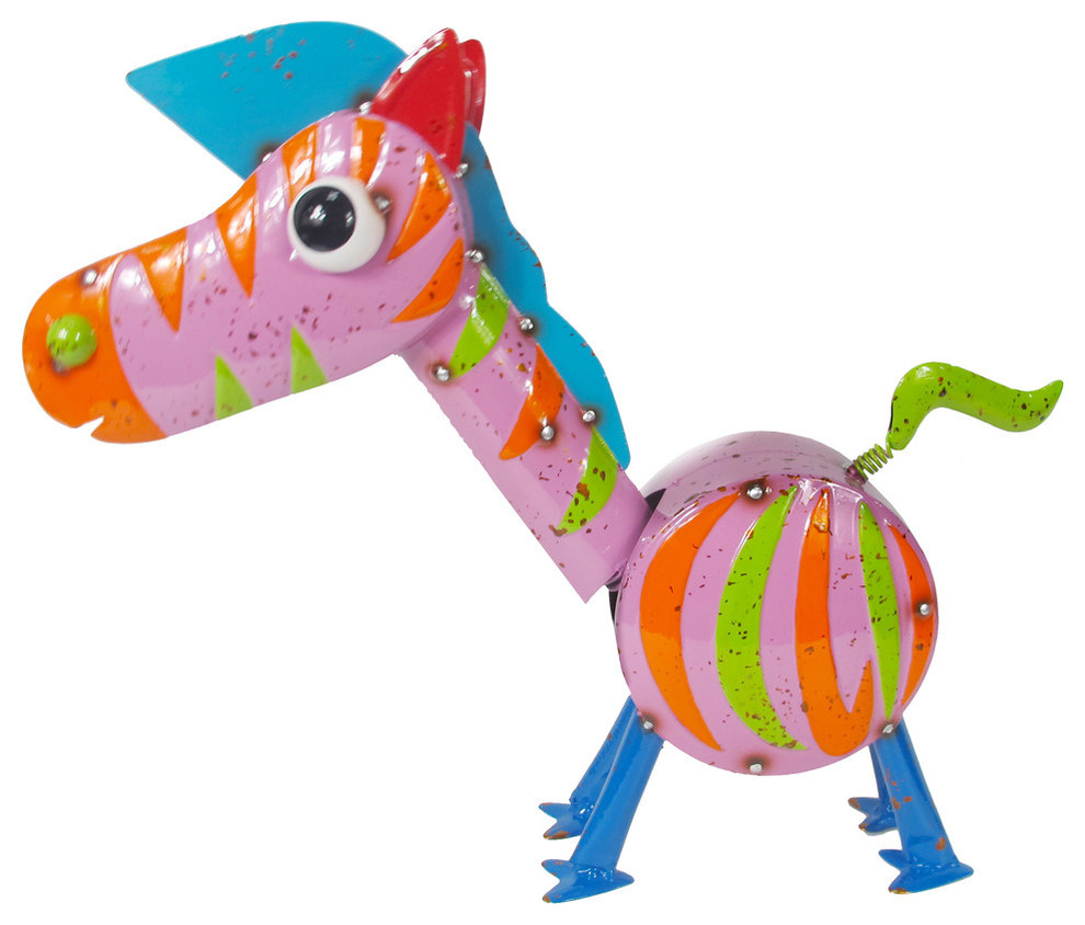 Hand Painted Pink Metal Zebra Statue Contemporary Garden Statues
