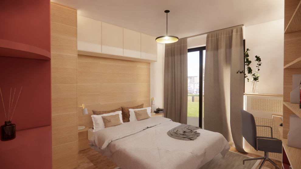 Ejemplo de dormitorio blanco y madera contemporáneo de tamaño medio con suelo de madera clara