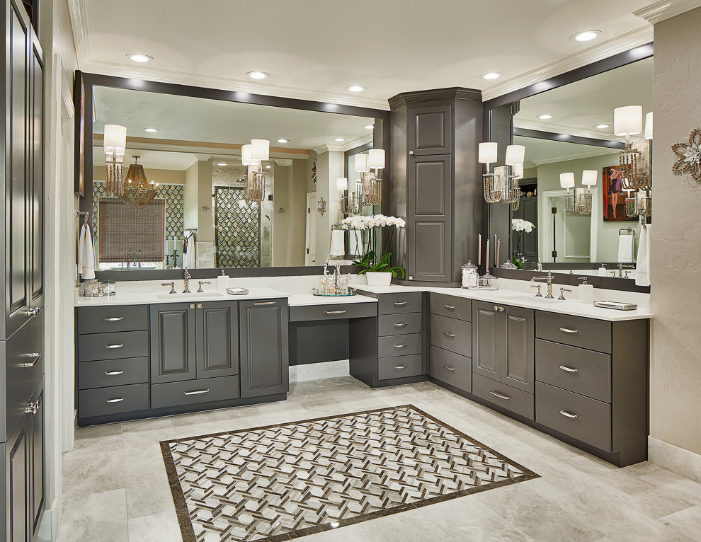 Design ideas for a large traditional master bathroom in Dallas with shaker cabinets, grey cabinets, a claw-foot tub, an alcove shower, multi-coloured tile, marble floors, an undermount sink, engineered quartz benchtops, white floor, a hinged shower door, white benchtops, an enclosed toilet, a double vanity and a built-in vanity.