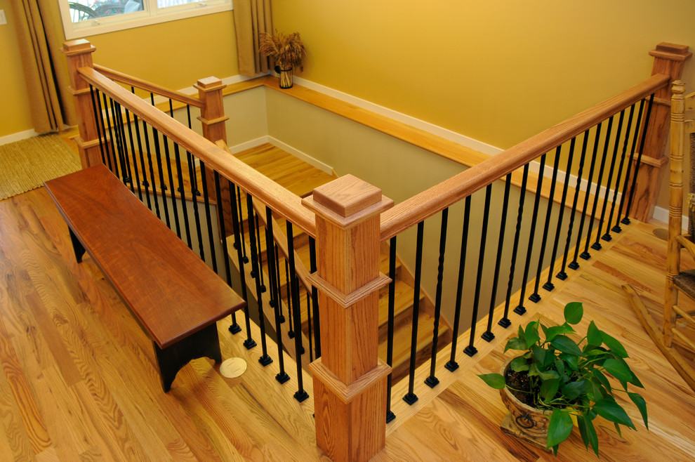 Inspiration for a wood l-shaped staircase in Other with wood risers.