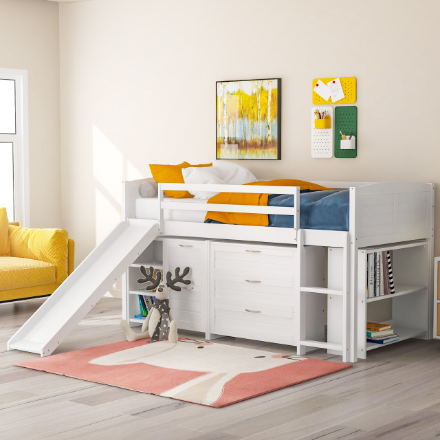 Gewnee Wood Twin Low Loft Bed with Cabinets, Shelves and Slide in White ...