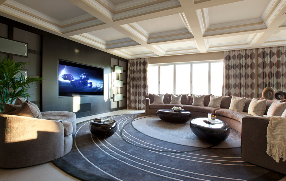 Inspiration for an expansive contemporary enclosed home theatre in Phoenix with multi-coloured walls, carpet and a built-in media wall.