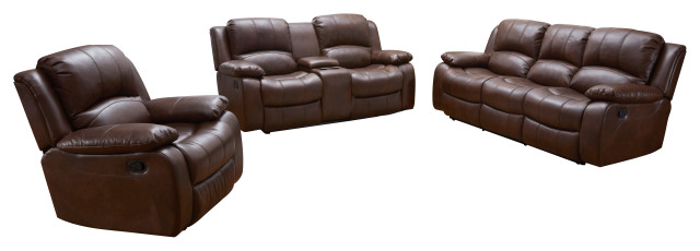 Bond Leather Reclining Living Room Set, 3 Piece Reclining Living Room Furniture