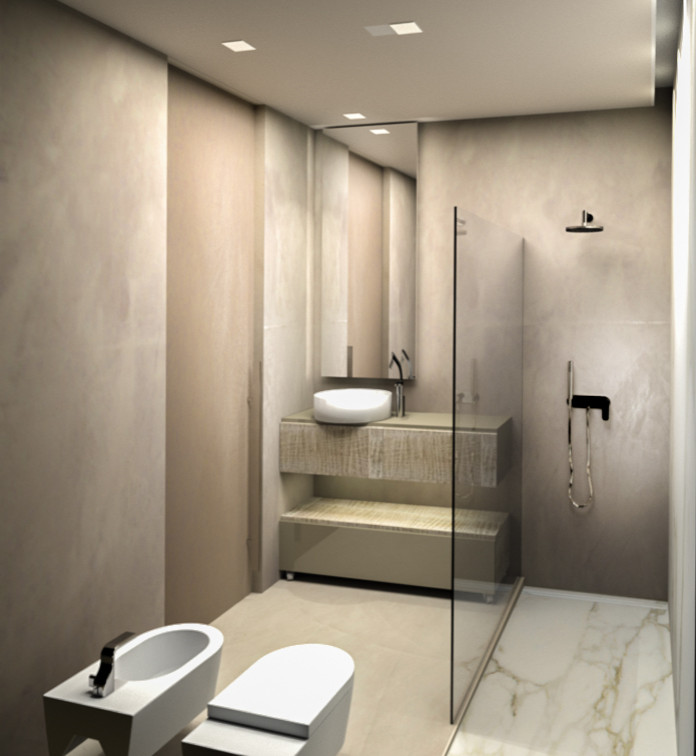 Photo of a small modern shower room bathroom in Florence with flat-panel cabinets, grey cabinets, a built-in shower, a two-piece toilet, a vessel sink, glass worktops, an open shower, grey worktops, a single sink and a floating vanity unit.
