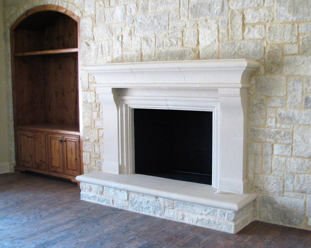 Design ideas for a transitional family room in Dallas with a standard fireplace and a concrete fireplace surround.
