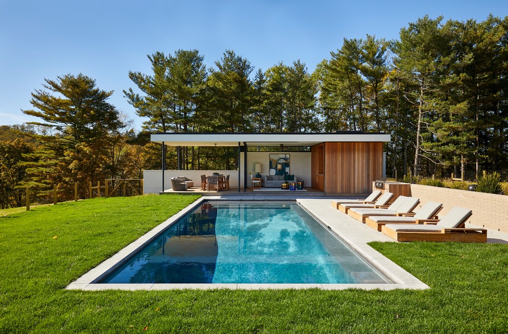 Design ideas for a midcentury backyard rectangular pool in New York with a pool house.