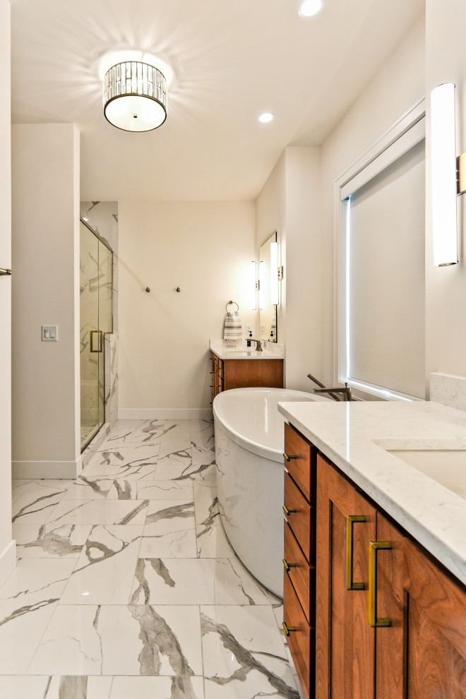 Inspiration for a master ceramic tile, white floor and double-sink bathroom remodel in Other with recessed-panel cabinets, medium tone wood cabinets, white walls, an undermount sink, wood countertops, a hinged shower door, white countertops and a built-in vanity