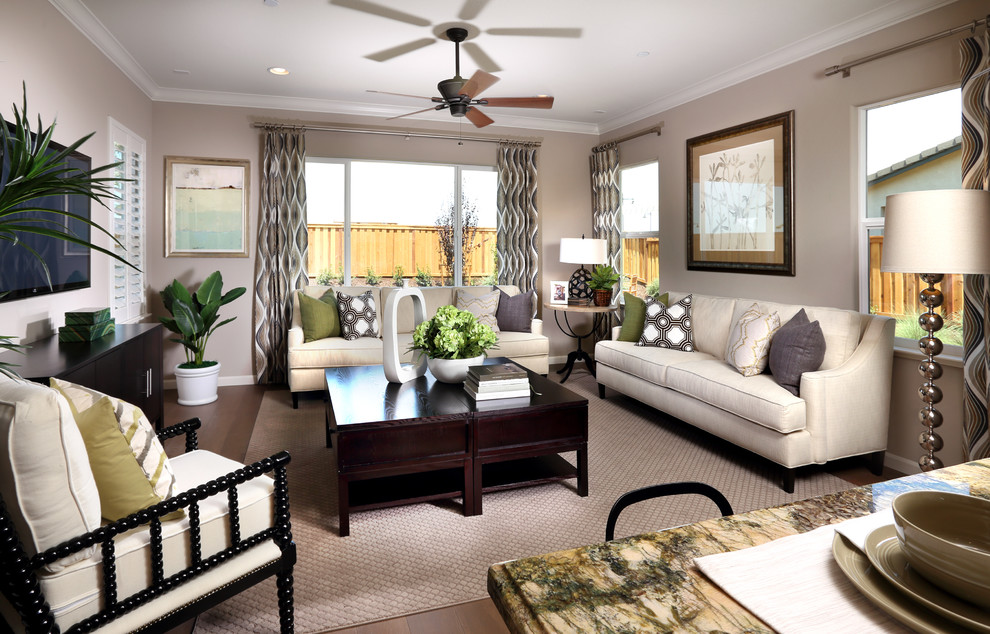 Inspiration for a beach style open concept living room in San Francisco with beige walls, carpet and a wall-mounted tv.