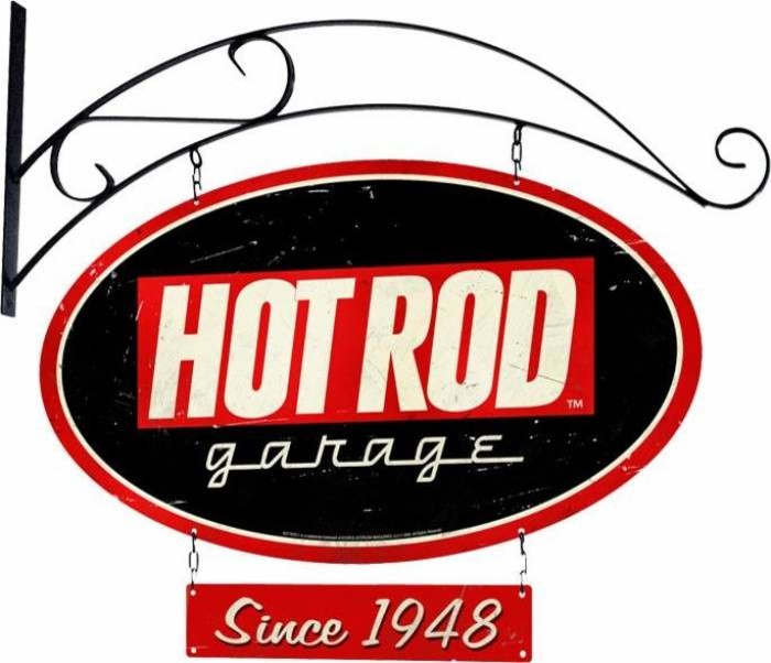 Hot Rod Garage Double Sided Oval Tin Sign with Wall Mount  24 x 14 Inches