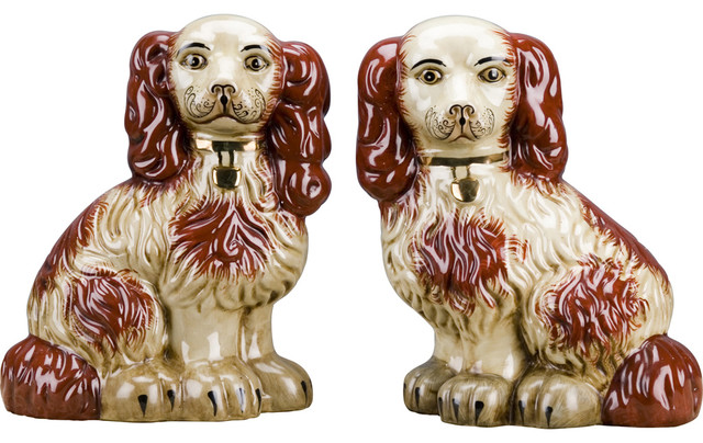 Reproduction Staffordshire Dogs Spaniel Pair Antique Cream Figurines 9"H