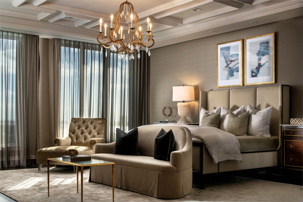 Photo of a large modern master bedroom in Miami with beige walls, dark hardwood floors, brown floor and recessed.