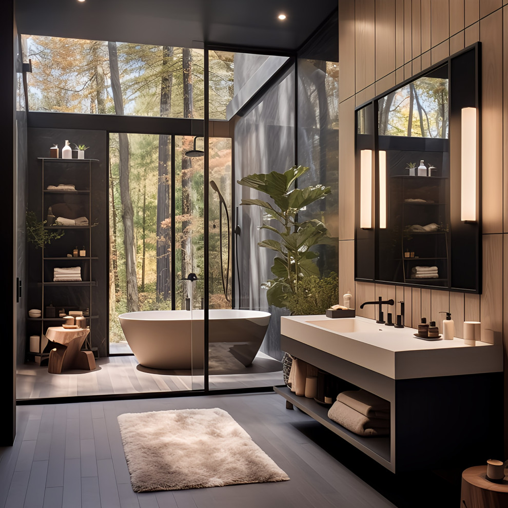 Inspiration for a large modern master bathroom in New York with beige cabinets, stone slab, porcelain floors, an integrated sink, engineered quartz benchtops, multi-coloured floor, a sliding shower screen, a single vanity, a floating vanity and wood walls.